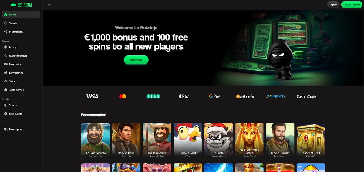 Willkommensbanner von Bet Ninja mit winterlicher Casino-Szene, Ninja-Maskottchen, €1.000 Bonus, 100 Freispiele, Zahlungsmethoden und „Jetzt beitreten“-Button.